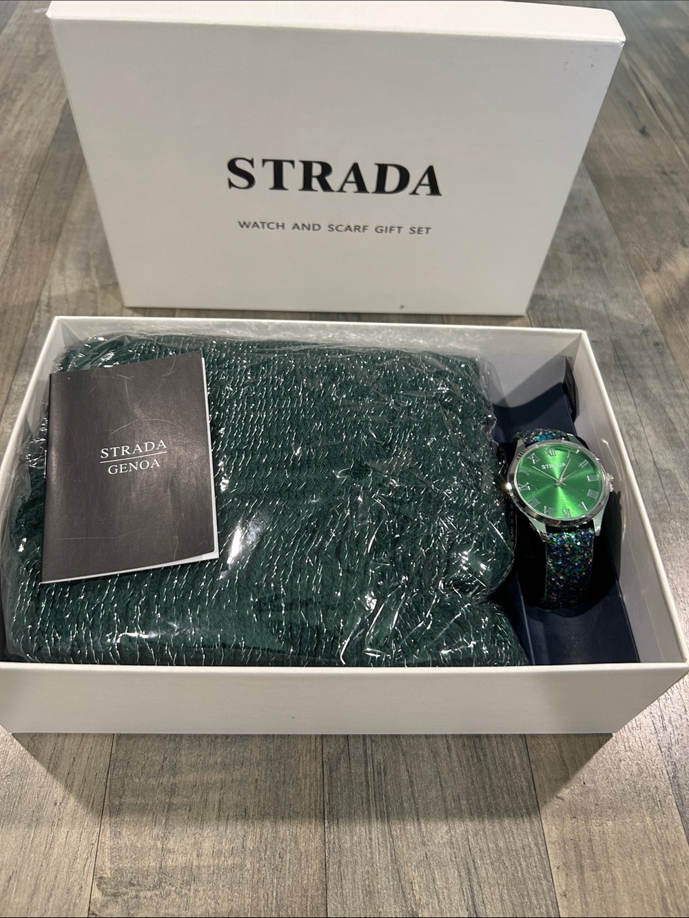 Strada Green Dial Women’s Watch with Glitter Strap and Matching Green Scarf